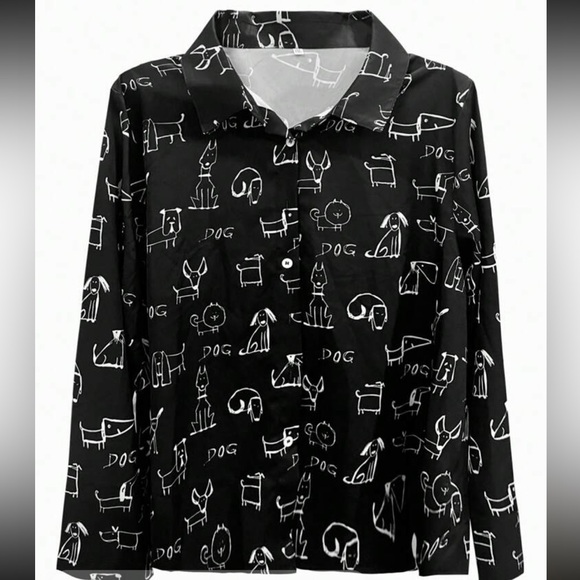 Classic Plus Size Dog Print Button Down Up Shirt Top Blouse - Picture 8 of 10